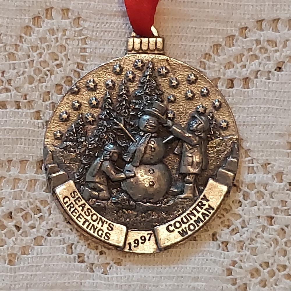 Vintage Pewter Christmas Ornament 1997 Country Woman Seasons Greeting
